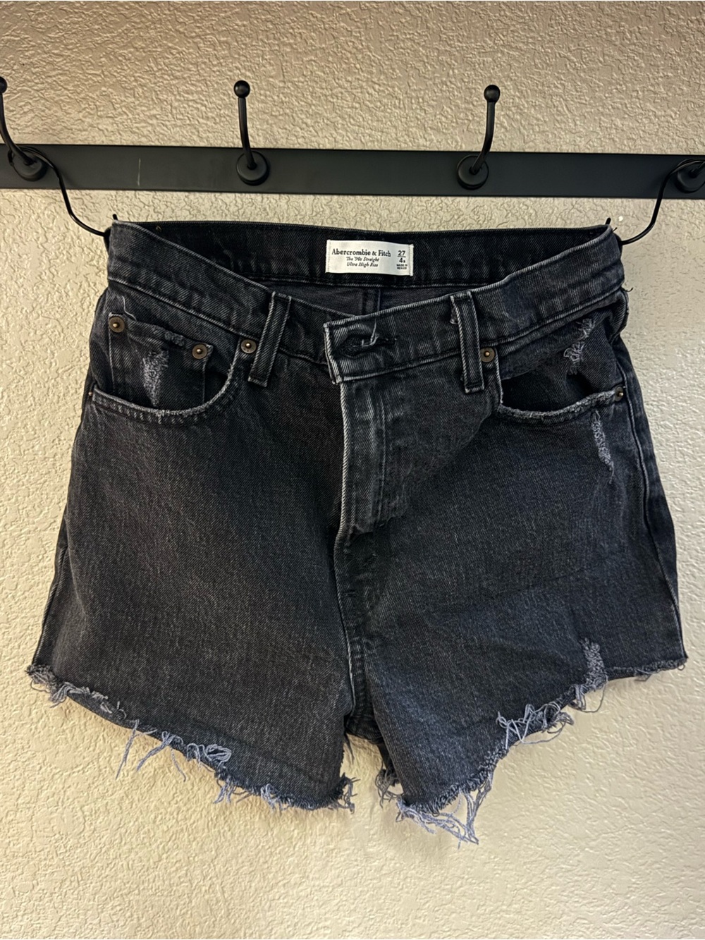 Abercrombie & Fitch Black Washed High-Rise Frayed Denim Shorts